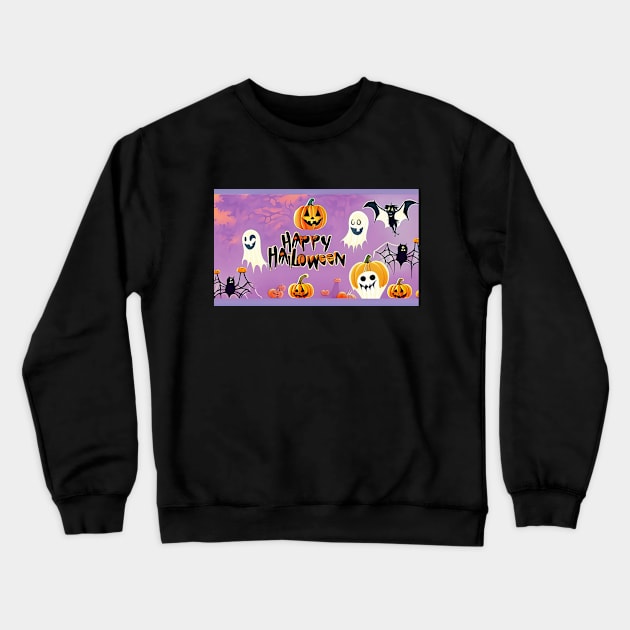 Halloween Background with Pumpkins, Ghosts, Bats, and Spiders Crewneck Sweatshirt by Tee Trendz